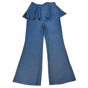 Shein Mod Flare Leg Peplum Pull On Pants Blue Bow Back Size Large New